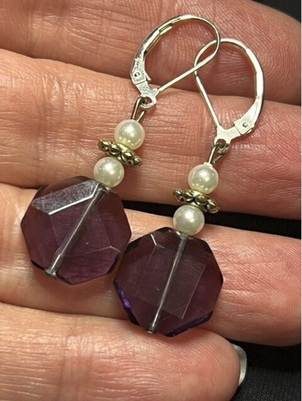 B7066 Faceted Purple Glass faux Pearl Dangle Earrings sterling silver 1.75" Drop